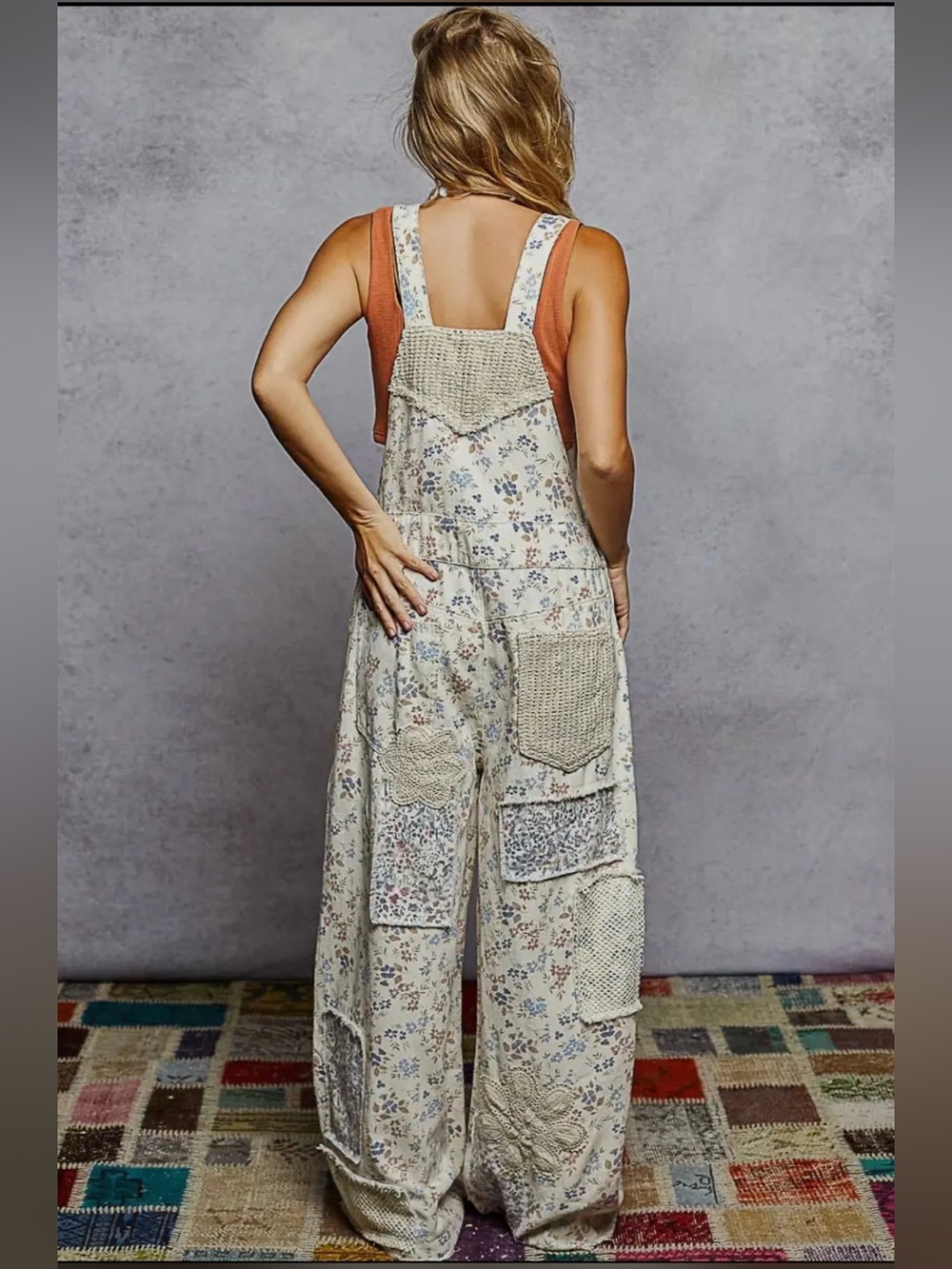 NWT POL Touch of Flowers Crochet Patch Overalls, Cream Floral Patchwork - Picture 14 of 15